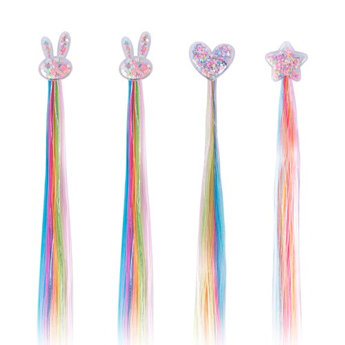 4 Set Colored Straight and Curly Hair Extensions with Clips, Cute Rabbit Star Accessories, Rainbo...