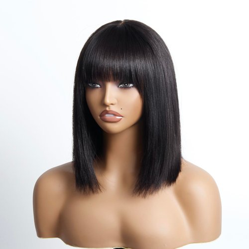 SAYIDON Yaki Bob Straight Wig With Bangs Human Hair 12 Inch Realistic HD Lace Short Black Wigs, 180% Density Glueless Wear to Go Blunt Cut Edge Wig for Women