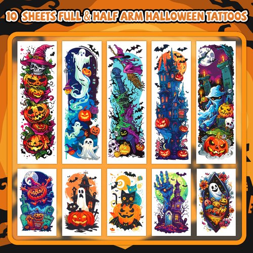 EMOME Halloween Tattoos for Kids, Full and Half Arm Tattoos Set for Halloween Goodie Bags, Kids Sleeve Tattoos Temporary for Boys And Girls Halloween Decorations Supplies Party Favors