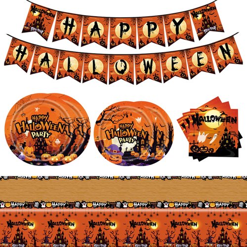 SJJPDYY Halloween Party Supplies Tableware Halloween Party Decorations Tableware Disposable Pumpkin Monster Vampire Bat Themed Paper Plates Napkins Party Supplies