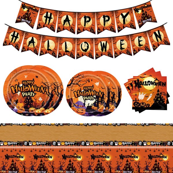 SJJPDYY Halloween Party Supplies Tableware Halloween Party Decorations Tableware Disposable Pumpkin Monster Vampire Bat Themed Paper Plates Napkins Party Supplies