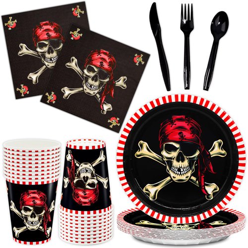DYLIVeS Pirate Party Supplies, Pirate Crossbone Birthday Party Decorations for Kids Boys Pirate Skull Disposable Tableware Skeleton, Includes 9" Pirate Paper Plates Napkins Cups Cutlery, Serves 24