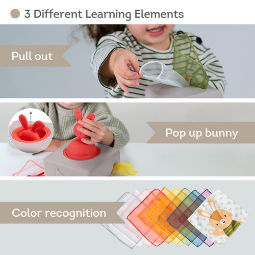 Taf Toys Baby Tissue Box Montessori Toys for Babies - Sensory & Motor Skills Development Silicone Toy with 10 Fabric Tissues, Pop-Up Bunny, Toys for 1 Year Old Boy Girl Preschool Toy