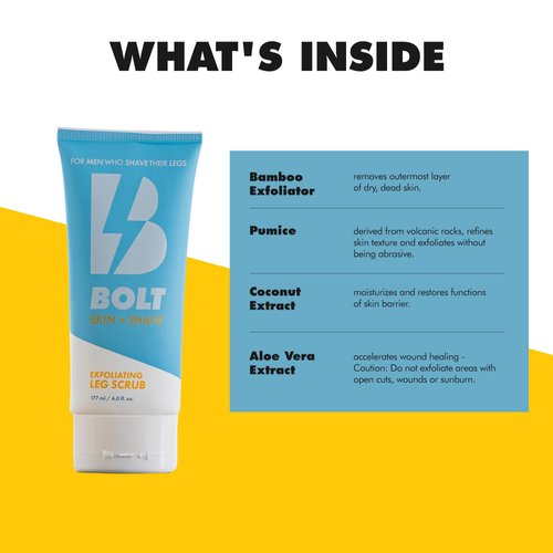 Bolt Skin + Shave - Exfoliating Leg Scrub for Men with Bamboo & Coconut Extract - Fights Ingrown Hairs and Dead Skin Buildup for a Smoother Shave - Aloe Vera & Pumice Formula - 6 Fl Oz