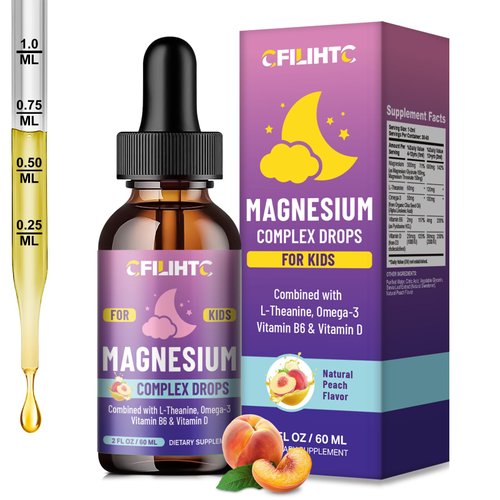 Kids Magnesium Liquid Drops-Magnesium Glycinate Liquid for Kids Supplement-w/L-theanine, Omega-3, Vitamin B6, D3 - for Sleep, Relaxation, Brain, Bones - Peach Flavor, 2 Fl Oz