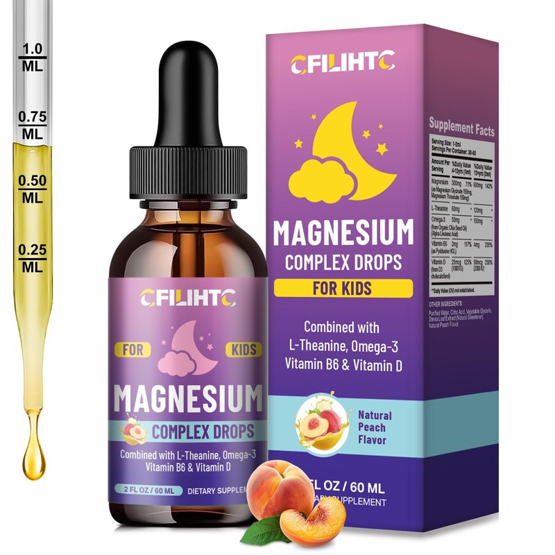 Kids Magnesium Liquid Drops-Magnesium Glycinate Liquid for Kids Supplement-w/L-theanine, Omega-3,...