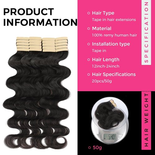 Lashey Tape in Hair Extensions Human Hair 20pcs 50g/pack Body Wave Hair Extensions Tape in Hair Extensions 14 Inch Natural Black Invisible Hair Extensions for Women