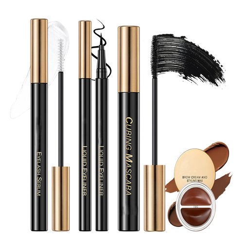 Easilydays Eyebrow and Eye Makeup 4 Pcs Kit, 2 In 1 Eyebrow Cream Styling Wax & Black Liquid Eyeliner & Black Mascara & Lash Serum, Brown Highly Pigmented Eyebrow Cream, Natural Looking Eye Makeup