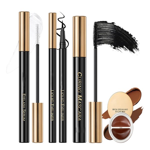 Easilydays Eyebrow and Eye Makeup 4 Pcs Kit, 2 In 1 Eyebrow Cream Styling Wax & Black Liquid Eyeliner & Black Mascara & Lash Serum, Brown Highly Pigmented Eyebrow Cream, Natural Looking Eye Makeup