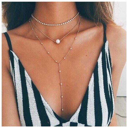Iaceble Bohemia Layered Y Lariat Choker Necklace Long Rhinestone Tennis Chain Necklace Floating Pearl Choker Necklace Gold Y Drop Necklace Chain Jewelry for Women and Girls