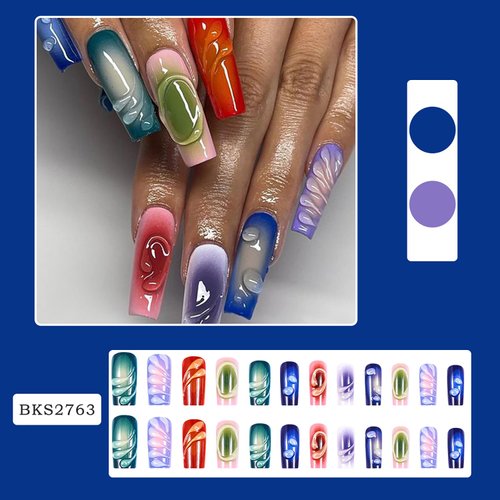 Press on Nails Long Square Colorful Obrem Fake Nails Three-Dimensional Water Droplet False Nails with Designs Full Cover Summer Acrylic Nails Glossy Glue on Nails Artificial Nails for Women Girls