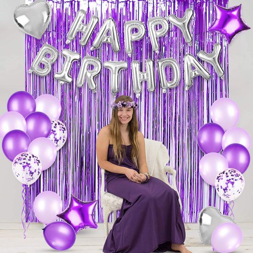JOYYPOP Birthday Party Decorations Happy Birthday Balloons Banner with Purple and Silver Balloons Set, Purple Foil Fringe Curtain for Women Girl Birthday Party (Purple）