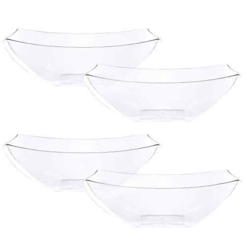 PLASTICPRO Disposable 32 ounce Square Serving Bowls, Party Snack or Salad Bowl, Medium, Plastic Crystal Clear Pack of 4