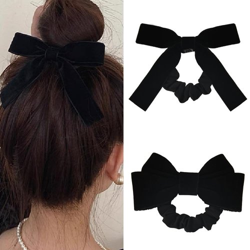 Velvet Hair Bow Hair Scrunchies for Women Girls Black Bow Hair Tie Ribbon Hair Bows with Elastic Bands Bow Hair Accessories for Women Scrunchy Hair Ties with Bow Ponytail Holder Hair Rope 2PCS