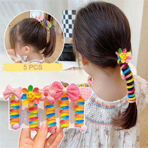 5 Pcs Colorful Telephone Wire Hair Bands, Cute Hair Bands For Kids Girl, Bowknot Braided Phone Cord Straight Spiral Hair Tie #01
