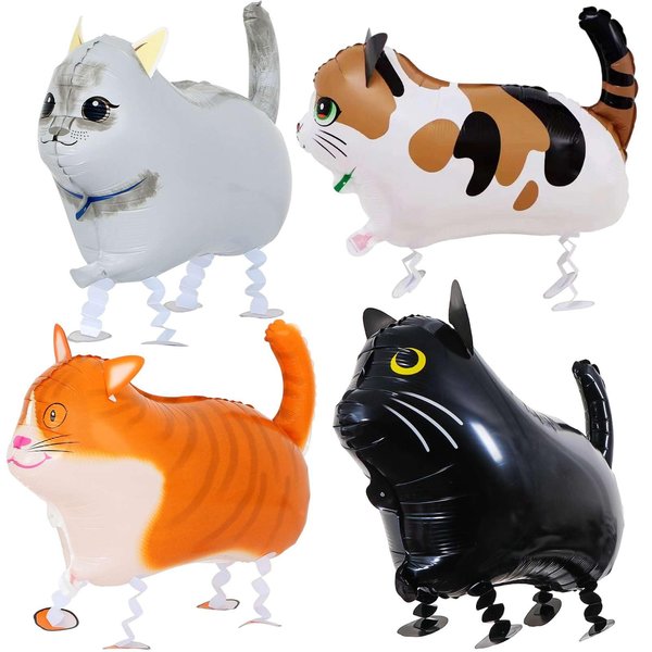 4 Pcs Fun Walking Cat Balloons, Cute Cat Balloons Aluminum Foil Party Balloons for Kids Girls Farm Animal Theme Birthday Party Decorations Birthday Party Supplies