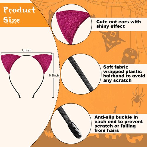 Cat Ears Headband for Women Girls - Cute Sparkle Glitter Hairband Halloween Cosplay Cat Costume Hair Accessories for Adult Kids Birthday Daily Wear Rose Red