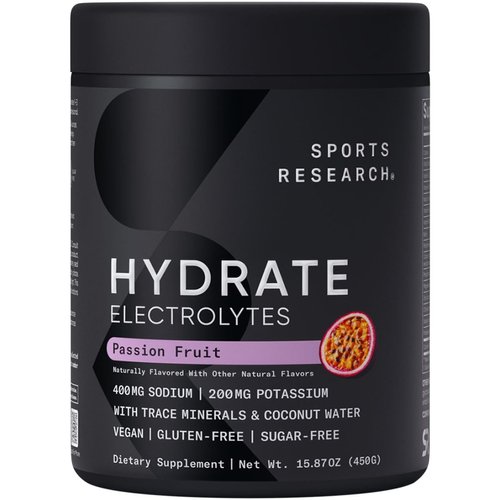 Sports Research Hydrate Electrolytes Powder - Sugar-Free & Naturally Flavored with Vitamins, Minerals, and Coconut Water - Supports Hydration - Passion Fruit