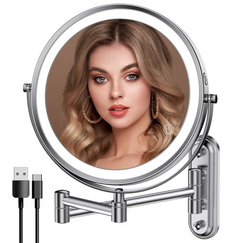 Rocollos Upgraded Base Version Rechargeable Wall Mounted Lighted Makeup Mirror Chrome with 3 Color Lights,Dimmable Touch Screen,8 Inch LED Double Sided 1X/10X Magnifying 360°Swivel 13 Inch Retractable