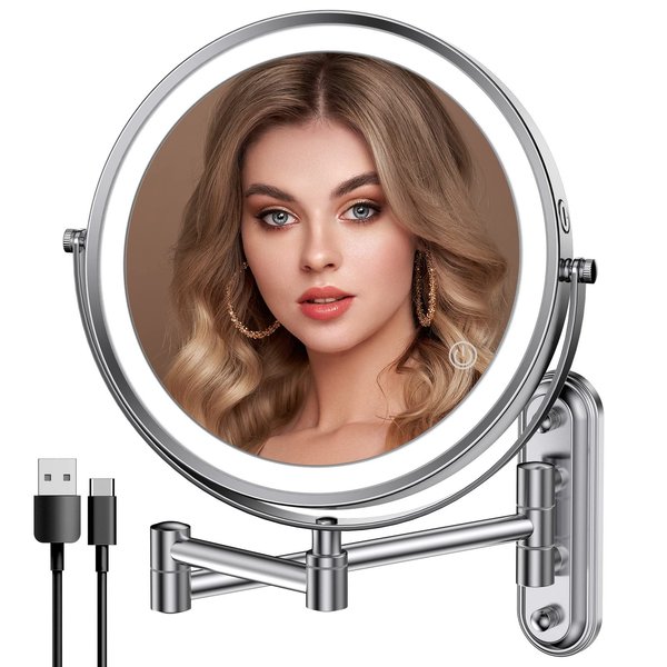 Rocollos Upgraded Base Version Rechargeable Wall Mounted Lighted Makeup Mirror Chrome with 3 Color Lights,Dimmable Touch Screen,8 Inch LED Double Sided 1X/10X Magnifying 360°Swivel 13 Inch Retractable
