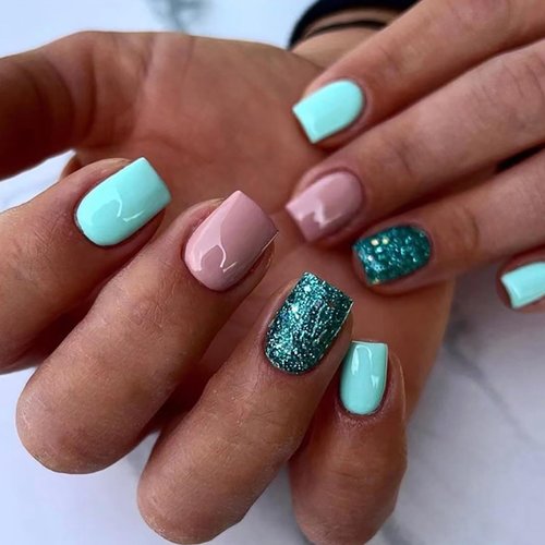 Press on Nails Short Square Fake Nails Cute Pink and Blue Glue on Nails Blue Glitter Design False Nails Acrylic 24 Pcs Stick on Nails for Women Girls