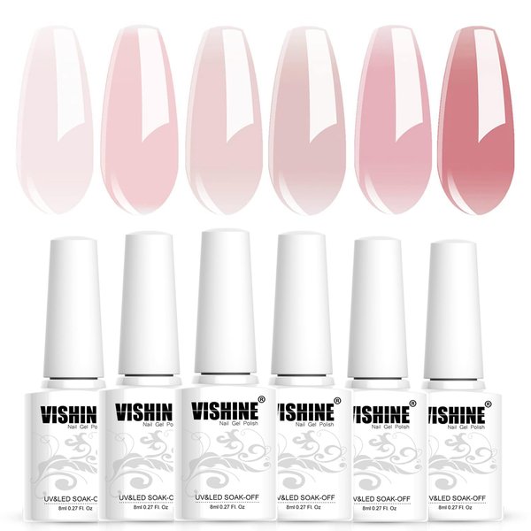 Vishine Nude Gel Polish Kit, Sheer Milky Pink Jelly Transparent Nail Polish UV LED Gel Nail Polish Varnish Nail Art DIY Saon 6Pcs 8ML