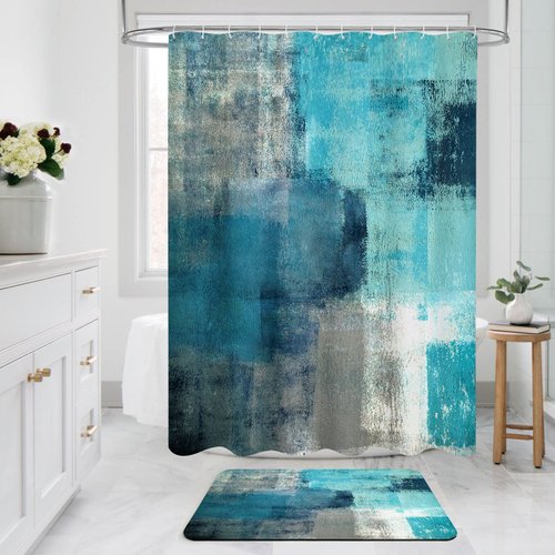 MitoVilla Teal Blue Shower Curtains for Modern Abstract Bathroom Decor, Turquoise Green Fabric Shower Curtain, Vintage Country Grunge Style & Paint Brush Graffiti Design, 72 x 72