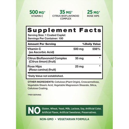 Vitamin C with Rose Hips and Bioflavonoids | 500mg | 100 Caplets | Vegetarian, Non-GMO & Gluten Free | by Nature's Truth.