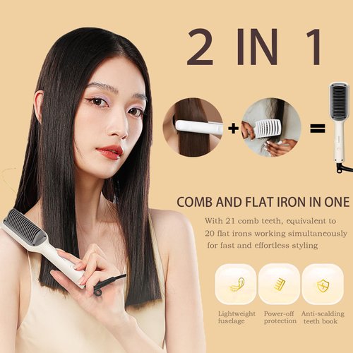 CAISIMIKI Hair Straightener Brush, Ring Hair Straightener Comb 5 Temps Straightening Brush for Women Auto-Off Safety | Anti-Scald, 30S Fast Heating & Dual Voltage Home Salon, Beige