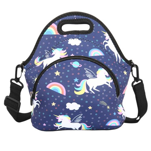 Violet Mist Neoprene Lunch Bags with Shoulder Strap Lunch Totes for Women Insulated Lunch Handbag Thermal Lunch Box Reusable Gourmet Bento Bag Pocket Zipper for Work Picnic Travel Gift, Blue Unicorn 2