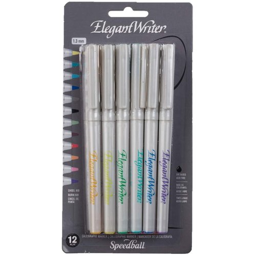 Speedball Elegant Writer Calligraphy 12 Marker Set, Assorted Colors, 1.3 mm Chisel Nib Tip Pens f...
