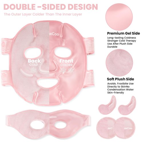 RelaxCoo Ice Face Eye Mask for Dark Circles and Puffiness Cold Warm Compress, Gel Cold Cooling Face Mask Package for Women and Men, Migraines, Headache, Stress and Relaxation, Pink