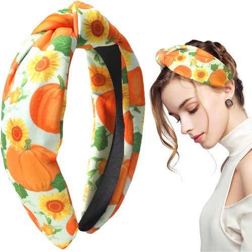 HIFANMM Fall Headband Thanksgiving Hair Accessories for Women Girls Orange Pumpkin Sunflower Hair Band Non Slip Wide Knotted Head Band Autumn Costume Party Decoration Supplies