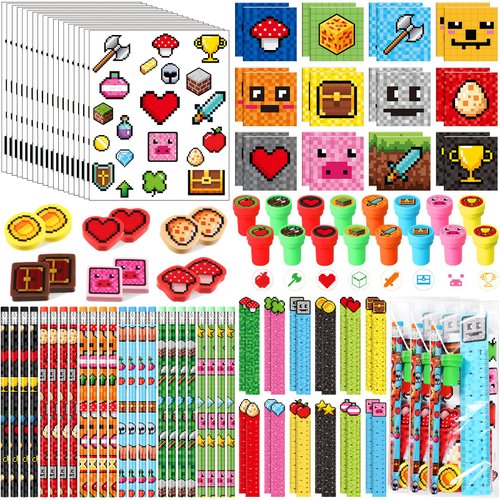 Chrisfall 168 Pcs Pixel Party Favor Pixel Party Supplies Pixelated Stationery Set Notebook Sticker Stamper Eraser Ruler Pencil for Pixel Baby Shower Birthday Gift Classroom Prize