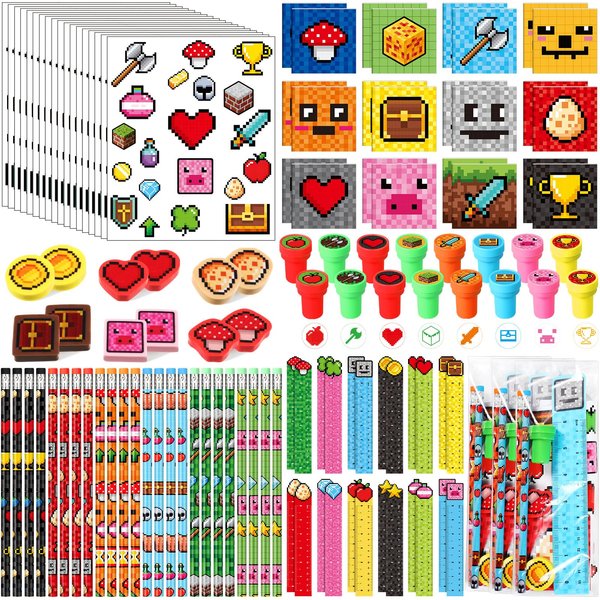 Chrisfall 168 Pcs Pixel Party Favor Pixel Party Supplies Pixelated Stationery Set Notebook Sticker Stamper Eraser Ruler Pencil for Pixel Baby Shower Birthday Gift Classroom Prize