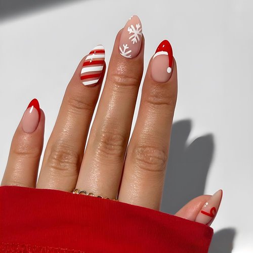 Christmas Press On Nails Short Almond Nude Fake Nails with Designs Snowflakes Xmas Hat Bow False Nails Glossy Full Cover Nail Tips Holiday Acrylic Nails Glue Stick On Nails For Women Girls DIY 24PCS