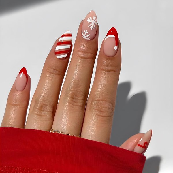 Christmas Press On Nails Short Almond Nude Fake Nails with Designs Snowflakes Xmas Hat Bow False Nails Glossy Full Cover Nail Tips Holiday Acrylic Nails Glue Stick On Nails For Women Girls DIY 24PCS