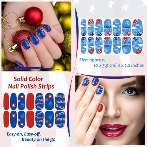 XEAOHESY 224 Pieces 16 Sheets 4th of July Nail Polish Strips for Women Independence Day Nail Wraps Self-Adhesive Red Blue Solid Color Nail Strips Nail Polish Stickers for Memorial Day