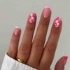 Foccna Square False Press on Nails Pink Medium Acrylic Fake Nails Flower Design for Girl Full Cover Wear Finger Nail Art Tips for Women&Girls 24PCS