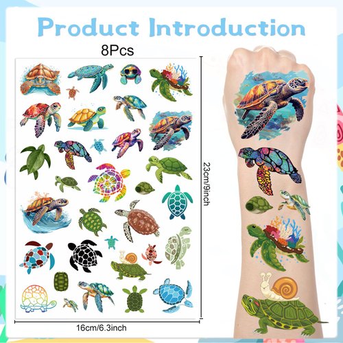 Lovarywow Watercolor Turtle Temporary Tattoos - 200+ Turtle Party Decorations Cute Sea Turtle Birthday Decorations Gift Animals Theme Party Favors Supplies Body Art for Kids Prizes Classroom