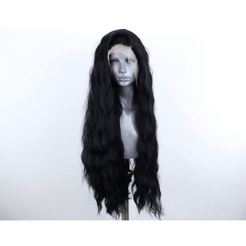 WXHWCX Long Black Middle Part Wavy Wig For Women Heat Resistant Fiber Hair Synthetic Lace Front Wigs Daily Party Use Wigs