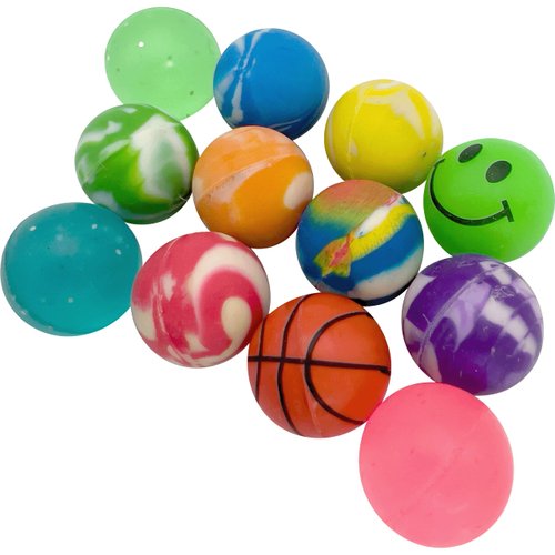 Mandarin Bird Toys by M&M 2190 Pk12 Rubber Party Bouncers - Classic Colorful Rubber Bouncy Balls, Great Fun for Pet Birds, Beak and Feet Thrilling, Assorted Colors and Designs, Rolls with Ease