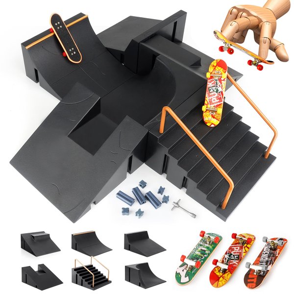 RNGODO Fingerboard Skatepark Skate Park Kit, Bigger Finger Skateboard Ramp Set Ultimate Parks Training Props with 3 Finger Skateboard 6 Finger Deck Finger Skate Toys for Kids & Adults Gifts