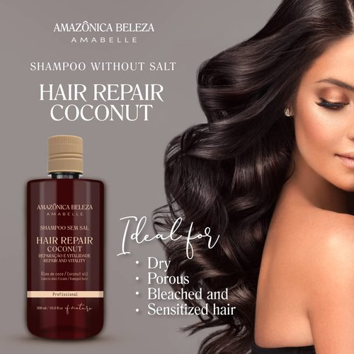 Amazonica Beleza Coconut Shampoo and Conditioner Set, Repairs Damaged Hair and Restores Hair Proteins for Healthy, Vital Hair, with Coconut Oil, Sulfate & Parabens Free, Professional Line, 10 Oz