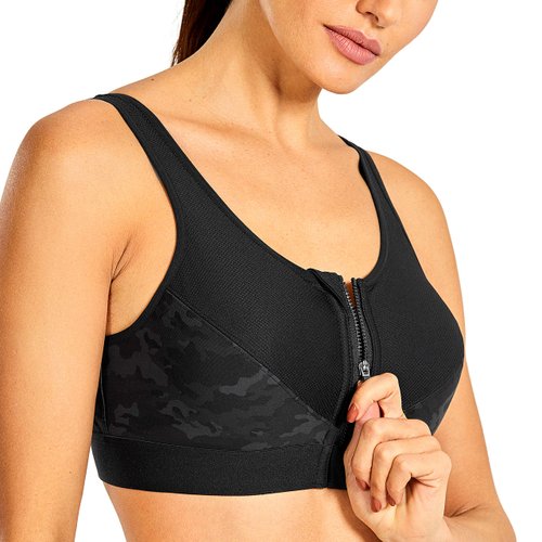 SYROKAN Women's Zip Front High Impact Wireless Racerback High Support Zipper in Front Sports Bra Camo Multi 6 40D