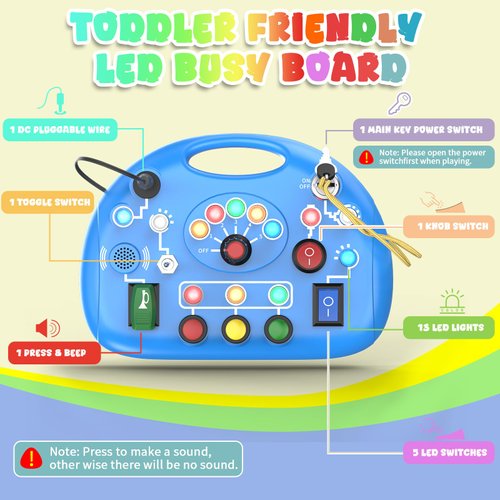 Montessori Busy Board, LED Light Switch Toy, Montessori Switch Fidget Board Travel Toys for Toddlers 1 2 3 4+ Year Old, Early Development Busy Board for Kids Boys Girls Birthday Gifts (Blue)