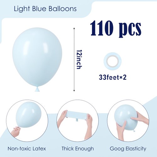 Voircoloria 110pcs Light Blue Balloons 12inch Baby Blue Latex Party Balloons for Boys Girls Birthday Party, Baby Shower, Wedding, Gender Reveal, Baby Shower, Anniversary Party Decorations