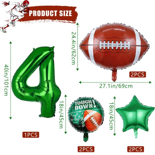 7pcs Football Balloons, Football Birthday Number Mylar Foil Balloon, Football Sport Them Party Supplies Football 4th Birthday Decorations (4th)