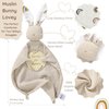 LUCOI Organic Cotton Baby Gift Set - 4-Piece Muslin Bunny Lovey Security Blanket, Teether Ring, Bandana Bib & Wooden Announcement Card - Gender Neutral Newborn Gifts, Welcome Baby Box, Baby Loveys