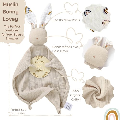 LUCOI Organic Cotton Baby Gift Set - 4-Piece Muslin Bunny Lovey Security Blanket, Teether Ring, Bandana Bib & Wooden Announcement Card - Gender Neutral Newborn Gifts, Welcome Baby Box, Baby Loveys